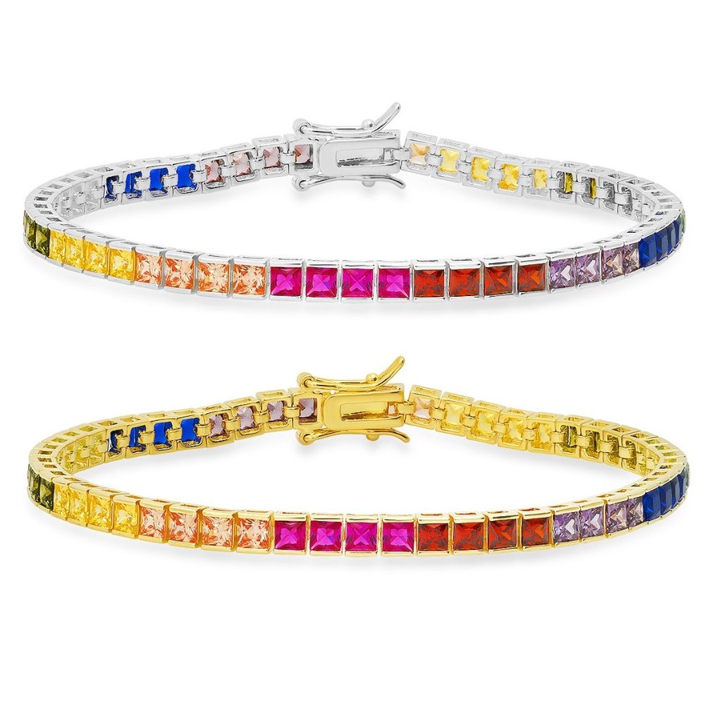 Gold/Silver Princess-cut Multi-Color Sapphire Tennis Bracelet - 7.25" - 925